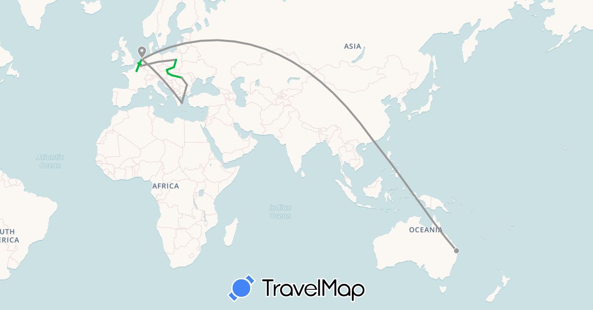 TravelMap itinerary: driving, bus, plane in Australia, Belgium, China, Czech Republic, France, Greece, Hungary, Netherlands, Poland, Romania, Slovakia (Asia, Europe, Oceania)